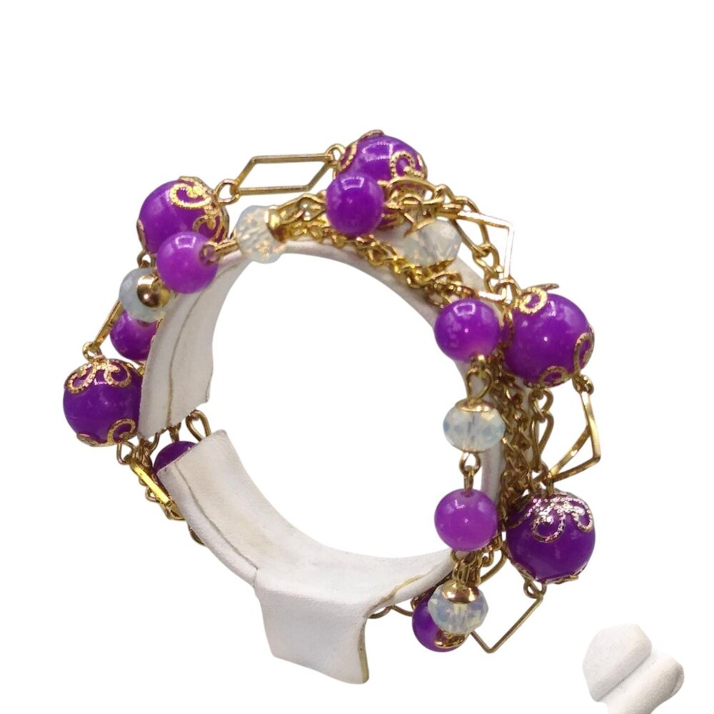 Fabulous Purple Multi Strand Bracelet, Gold Tone Chains with Bright Beads, Open